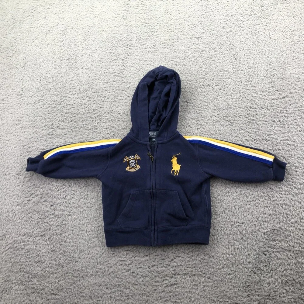 Polo Ralph Lauren Jacket Infant 9M Blue Hooded Fleece Track Zip Logo Striped
